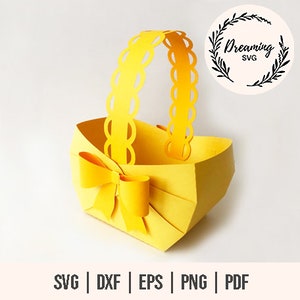 3D バスケット SVG - リボン バスケット SVG - 紙のリボン付きバスケット SVG - スカラップ バスケット SVG - リボン付きかわいい紙イースターバスケット SVG - イースターバスケット SVG