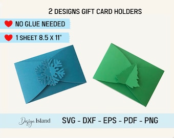 May include: Two designs for gift card holders, one with a snowflake and one with a Christmas tree. The designs are printed on blue and green cardstock. The text "NO GLUE NEEDED" and "1 SHEET 8.5 x 11" is printed on the image. The text "SVG - DXF - EPS - PDF - PNG" is printed at the bottom of the image.