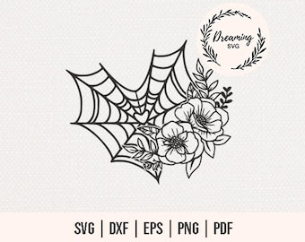 Può includere: Design in bianco e nero di una ragnatela con fiori. Il design è perfetto per progetti di artigianato, come il taglio, l'incisione o la stampa.