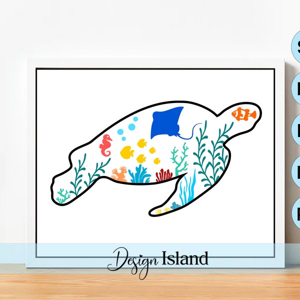 Beach Theme Sea Turtle SVG Files - Beach Life SVG - Turtle SVG - Ocean Sea Scene svg - Undersea Landscape svg - Aquarium Scene Seaweed Fish