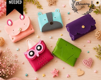 Animal Card Wallet SVG Bundle, No Sew Faux Leather Coin Purse Template, Cute Bunny Owl Pouch Cricut File