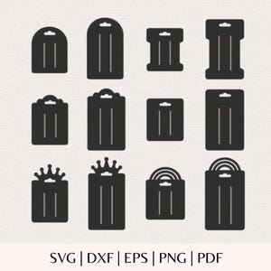 May include: A collection of twelve black display cards for jewellery or accessories, featuring various shapes including rectangular, arched, and crown-topped designs, each with two vertical slits and a hanging hole. Text reads: SVG | DXF | EPS | PNG | PDF.