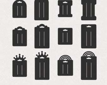 May include: A collection of twelve black display cards for jewelry or accessories, featuring various shapes including rectangular, arched, and crown-topped designs, each with two vertical slits and a hanging hole. Text reads: SVG | DXF | EPS | PNG | PDF.