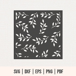 May include: A black and white digital design featuring a repeating pattern of stylised white leaves on a black background.