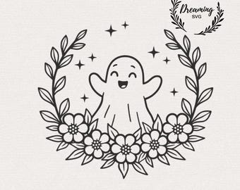 Ghost with Flowers SVG for Cricut - Halloween Floral Wreath Silhouette - Cute Spooky Season Digital Download
