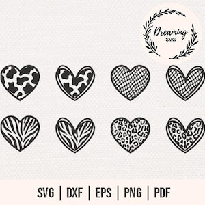 May include: Eight black and white heart designs with various patterns, including cow print, zebra stripes, and leopard spots. The image also includes the text "Dreaming SVG" in a circular design and file type options: SVG, DXF, EPS, PNG, and PDF.