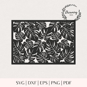 May include: A rectangular black graphic design featuring a dense, repeating pattern of monstera leaves within a solid border. The image includes the text Dreaming SVG in the top right corner and SVG | DXF | EPS | PNG | PDF at the bottom.