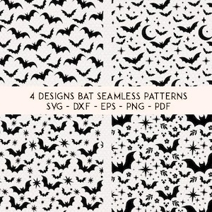 May include: Four seamless patterns featuring black bat silhouettes on a white background. One pattern includes moons and stars, another has stars, and the third has leaves. The text reads "4 DESIGNS BAT SEAMLESS PATTERNS".