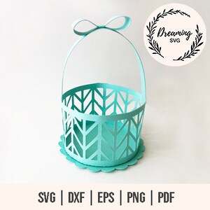 May include: A turquoise paper basket with a handle and bow detail. The basket has a geometric cut-out design and sits on a scalloped base. The image also includes the text "SVG | DXF | EPS | PNG | PDF".