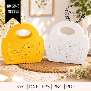 May include: Two paper craft handbags, one yellow and one white, featuring die-cut flower motifs on the front and integrated handles. The text NO GLUE NEEDED is displayed in a black banner. The file formats SVG, DXF, EPS, PNG, and PDF are listed.
