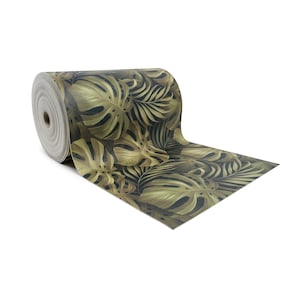 Peut inclure: Un rouleau de revêtement de sol en vinyle à motif vert et marron avec un motif de feuilles tropicales.