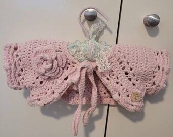 Newborn - 6 months -  Baby crochet cropped cardigan with crochet rose hair clip/brooch