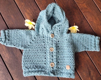 0 - 6 months organic cotton Hooded Crochet Baby Cardigan