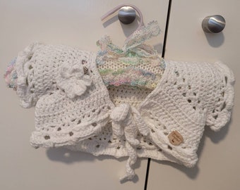 Newborn - 6 months -  Baby crochet cropped cardigan with crochet flower hair clip/brooch