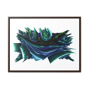 May include: Abstract art print featuring a swirling, layered design in shades of blue, green, and black. The artwork has a textured, brushstroke effect and is framed in a dark brown wood frame.
