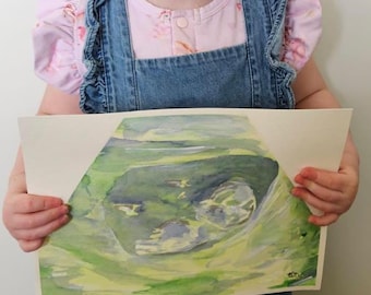 Ecografia dipinta a mano, acquerello verde: ecografia dipinta a mano, ricordo della gravidanza