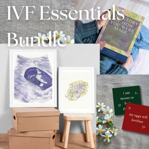 May include: An IVF Essentials Bundle with a watercolor print of an ultrasound and a cluster of eggs. The image includes a book titled "The Story of How You Were Made", two affirmation cards, and cardboard boxes. The text "IVF Essentials Bundle" is at the top.