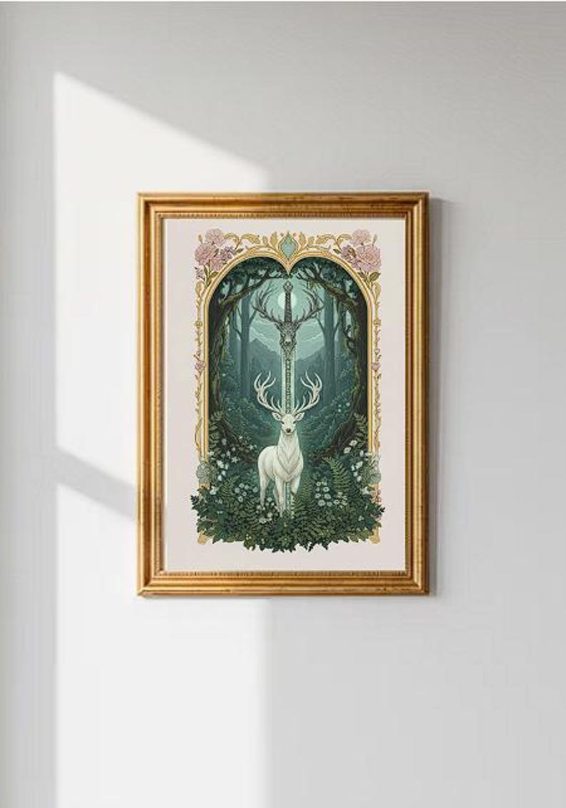 May include: A framed art print featuring a white deer standing in a forest, with a sword and antlers. The artwork is framed in a gold-colored frame and has a fantasy theme. The background is a lush green forest.