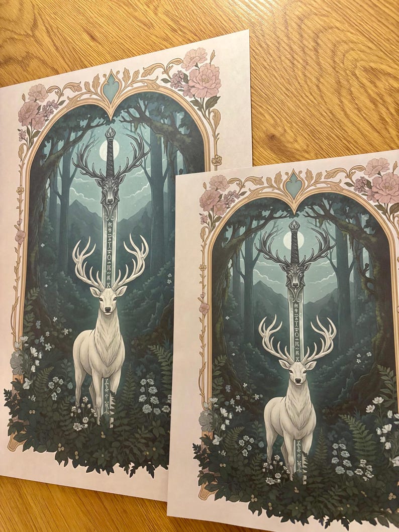 May include: Two art prints featuring a white stag with large antlers, standing in a forest scene. A sword with deer antlers is in the center. The prints are framed with floral and ornate designs, with a color palette of greens, blues, and pinks.