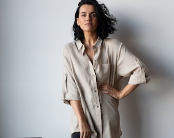 Oversized Linen Shirt for Women, Elongated Long-Sleeve, Comfortable Shirttail Hem, Relaxed Fit, Breathable Blouse, Casual Chic