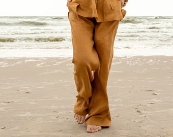 Casual Linen Pants with Elastic Waistband in Cinnamon Powder. Women’s Linen Trouser, Linen Beach Pants in Style