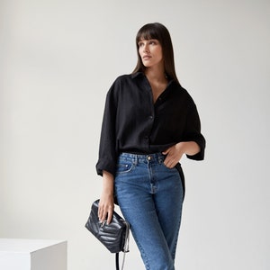 Formal Black Linen Blouse for Women. Classic Loose Fit Shirt with Full-Length Buttoned Opening. Long Sleeves Top for Ladies