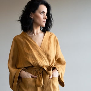 Linen Kimono Jacket with Wide Sleeves and Two Side Pockets in Cinnamon Powder. Women's Linen Robe image 3