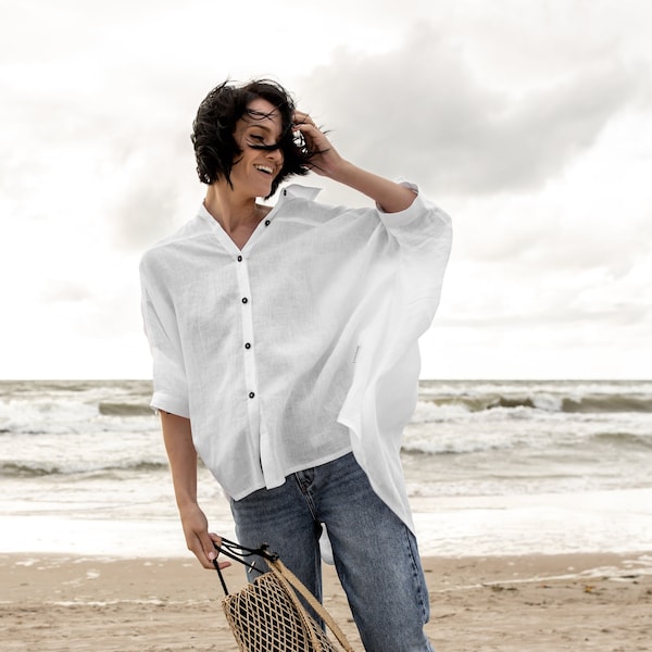 Elegant Snow White Linen Shirt, Oversized Womens Top with Wide Sleeves.
