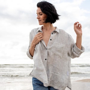 Striped Linen Button-Up Shirt: Long Sleeve Oversized Blouse