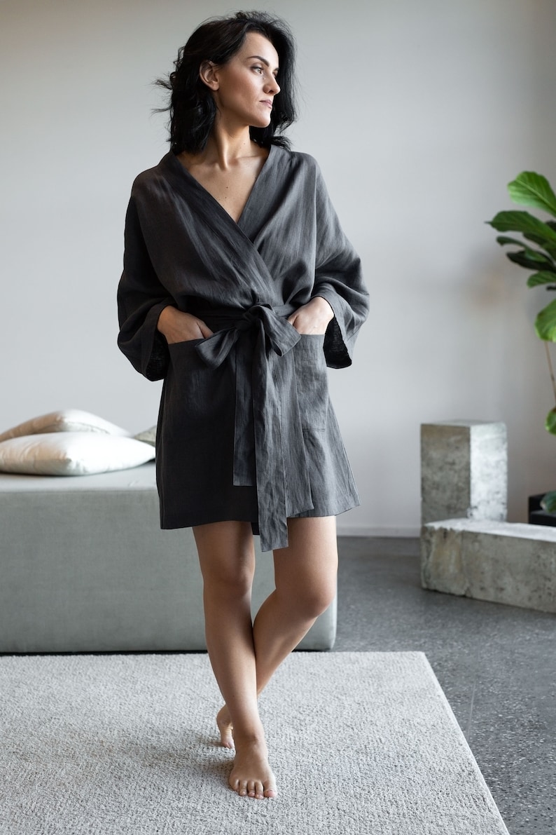 Linen Kimono Jacket with Wide Sleeves and Two Side Pockets in Cinnamon Powder. Women's Linen Robe Iron Grey