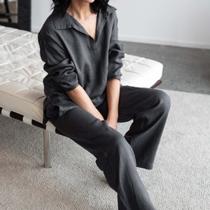 Drop Crotch Linen Trousers with Two Side Pockets in Iron Grey. Women Loose Linen Pants. image 2