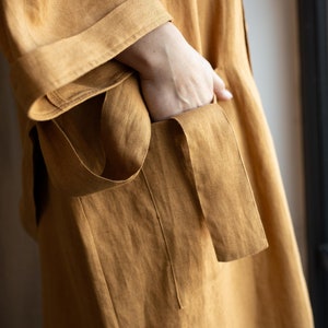 Linen Kimono Jacket with Wide Sleeves and Two Side Pockets in Cinnamon Powder. Women's Linen Robe image 4