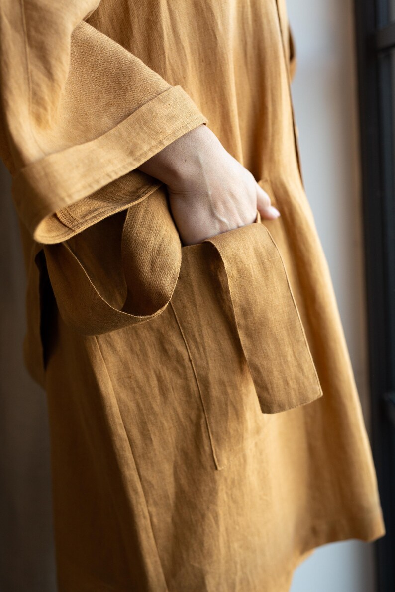 Linen Kimono Jacket with Wide Sleeves and Two Side Pockets in Cinnamon Powder. Women's Linen Robe image 4