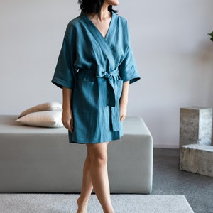 Linen Kimono Jacket with Wide Sleeves and Two Side Pockets in Cinnamon Powder. Women's Linen Robe Tosca Blue