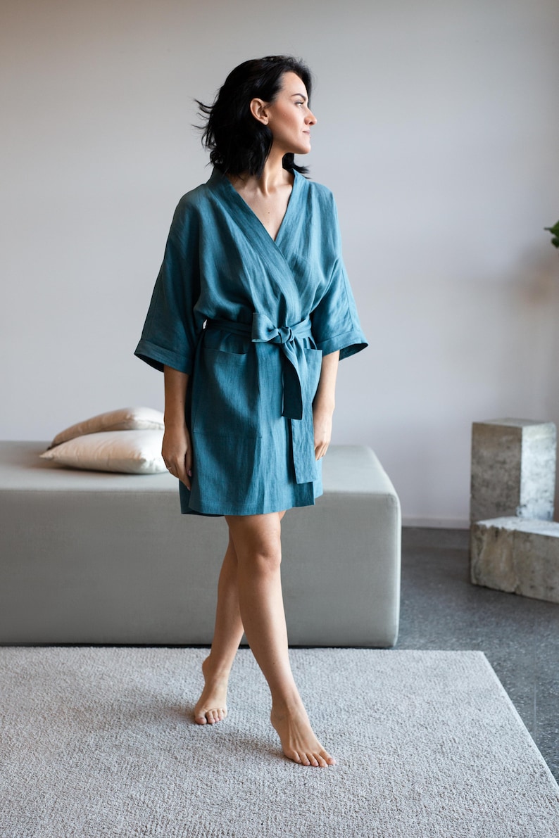 Linen Kimono Jacket with Wide Sleeves and Two Side Pockets in Cinnamon Powder. Women's Linen Robe Tosca Blue