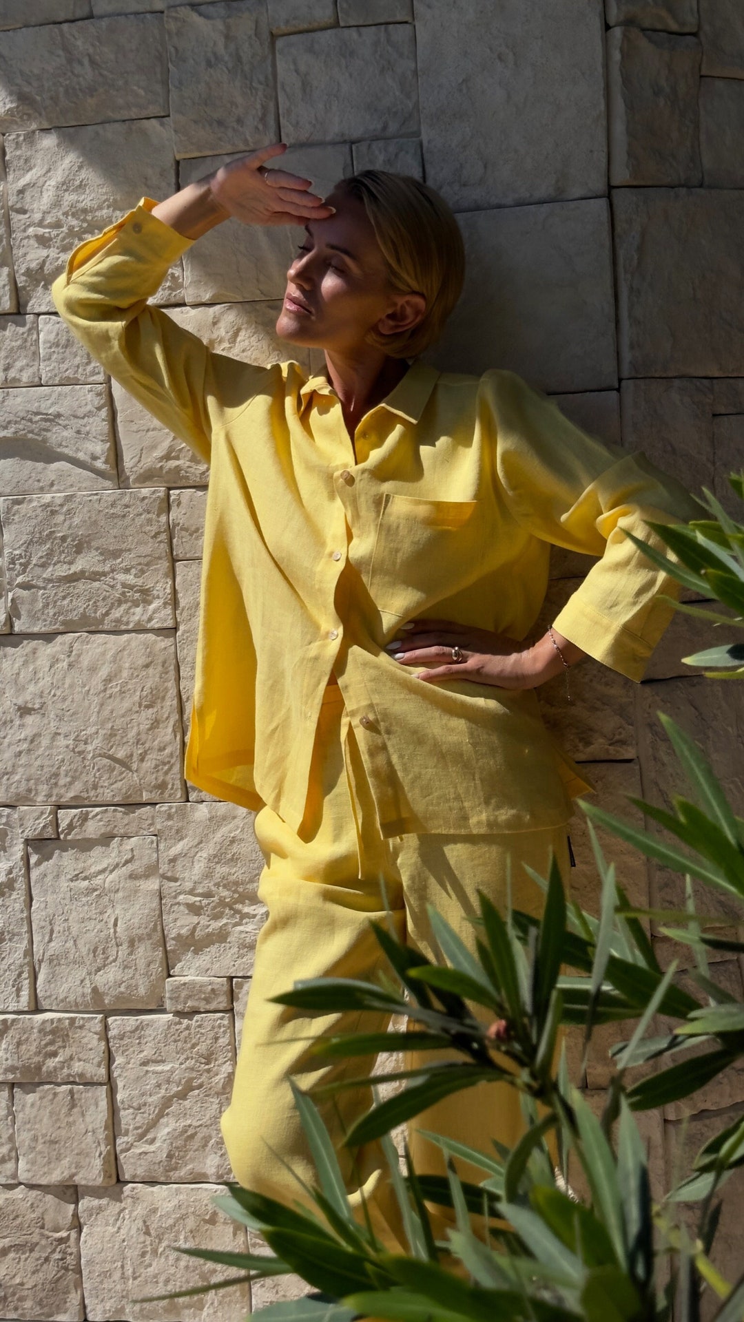 Loosefit Yellow Linen Shirt for Women With Classic Collar Etsy