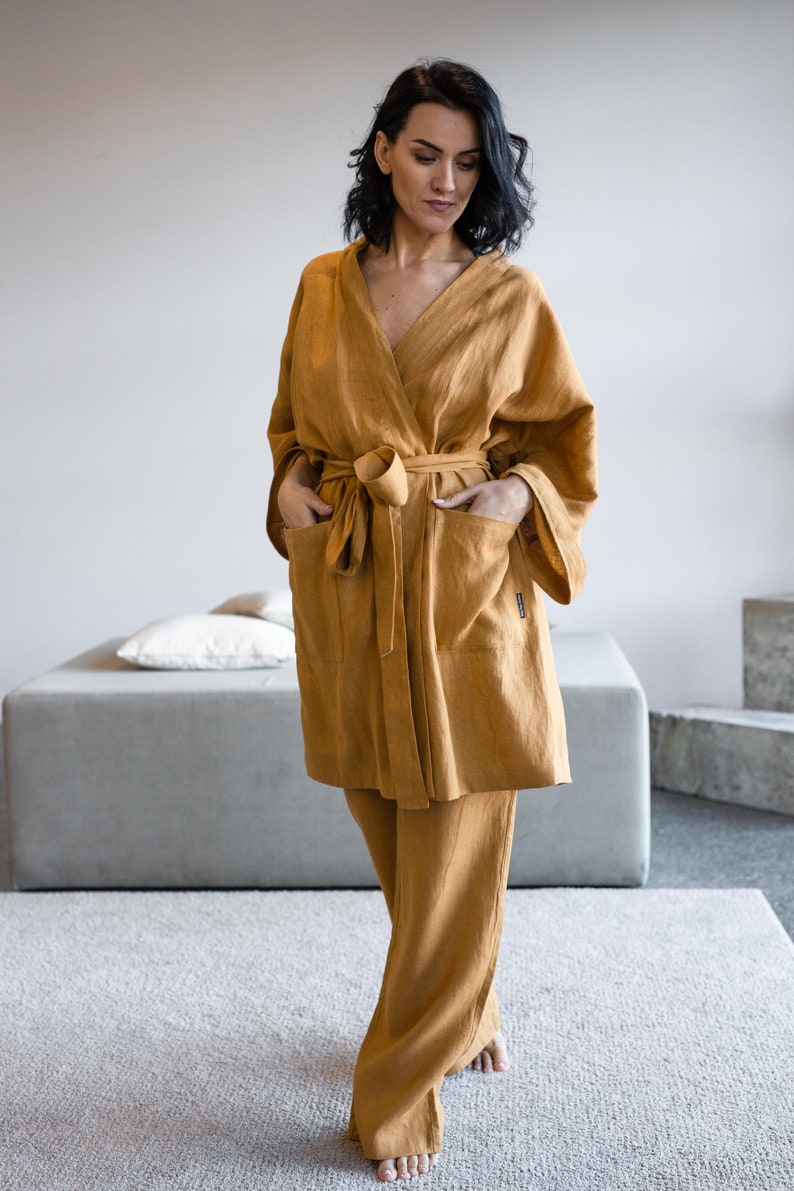 Linen Kimono Jacket with Wide Sleeves and Two Side Pockets in Cinnamon Powder. Women's Linen Robe image 6