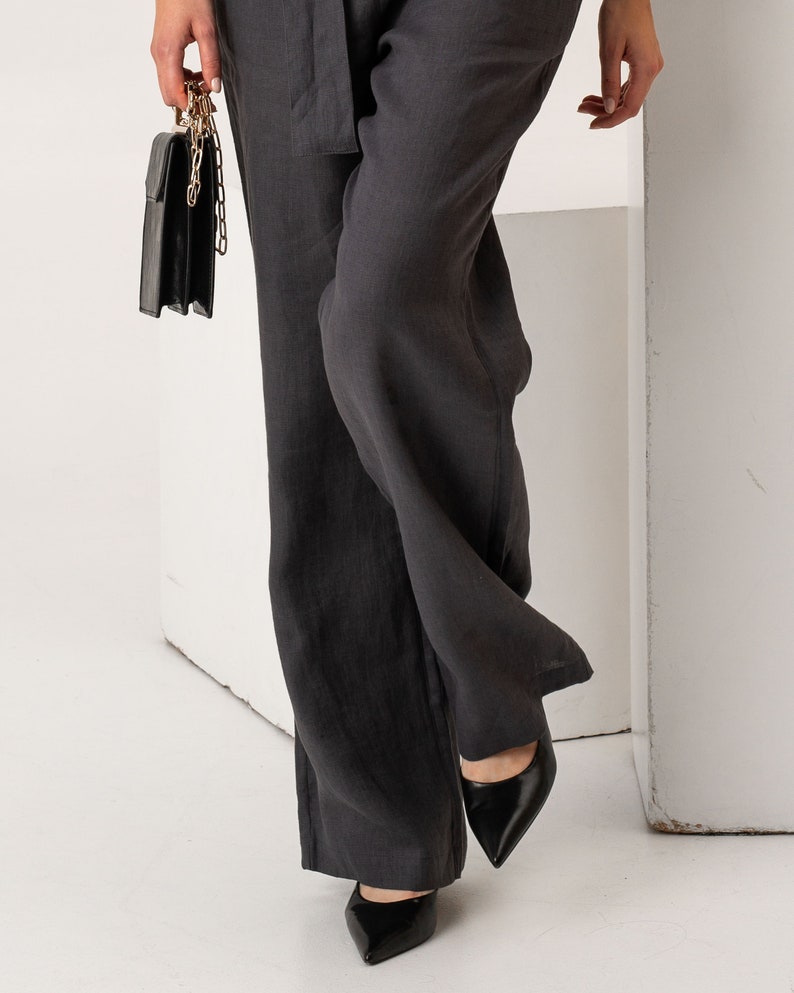 Drop Crotch Linen Trousers with Two Side Pockets in Iron Grey. Women Loose Linen Pants. image 6