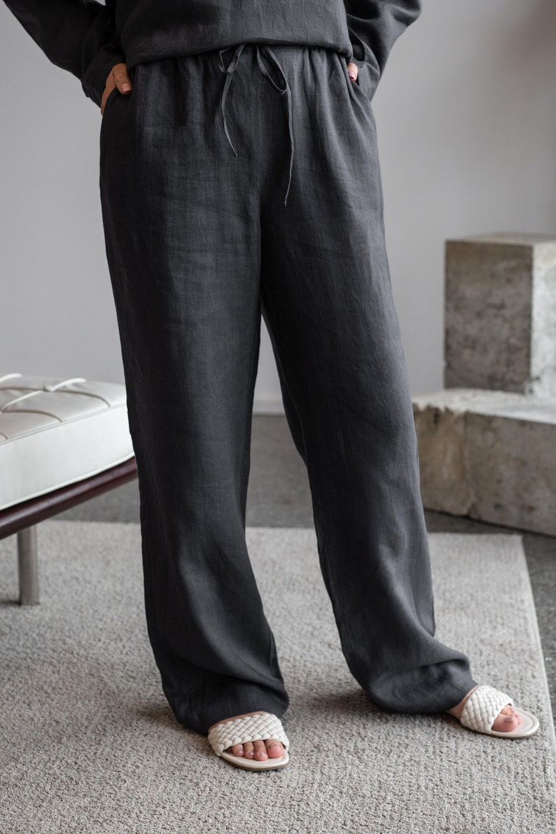 Drop Crotch Linen Trousers with Two Side Pockets in Iron Grey. Women Loose Linen Pants. image 4