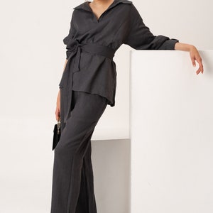 Drop Crotch Linen Trousers with Two Side Pockets in Iron Grey. Women Loose Linen Pants. image 5