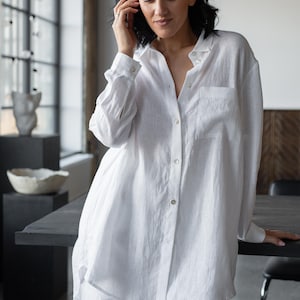 Oversized Boyfriend Linen Shirt with Shirttail Hem in Snow White. Long sleeve, button down women linen blouse.