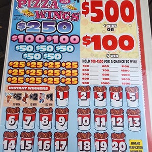 May include: A lottery ticket featuring a pizza and chicken wing theme. The ticket offers various prizes, including £500, £250, £100, £50, and £25. There's also a section for instant wins, with prizes of £5, £2, and £1. The ticket has a board verification number.