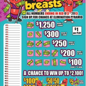 May include: A teal lottery game card titled TEENIE WEENIE breasts featuring cartoon hot dog characters, money graphics, and a list of numbers ending in red from 013 to 2913. The card displays prize amounts, win conditions, and a $1 per play notice.