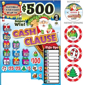 Könnte beinhalten: Ein Weihnachts-Rubbellos mit einem Cartoon-Weihnachtsmann, der einen Sack mit Geld hält. Das Los hat einen Hauptgewinn von 500 € und verschiedene andere Preise, darunter 100 €, 50 €, 25 €, 5 € und 2 €. Das Los hat auch einen Anmeldebereich, in dem die Spieler ihre Daten eingeben können.
