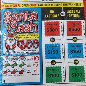 May include: A Santa Cash scratchcard with a red, white and green colour scheme. The card features a picture of Santa Claus holding a bag of money. The card has a total seal value of £300 and instant winners of £10, £5, and £1. The card has three different winning options: 1 winner at £300, 2 winners at £150, and 3 winners at £100.