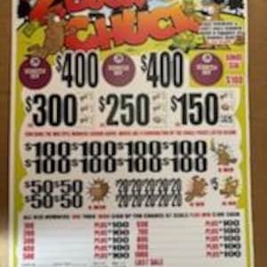 May include: A lottery ticket with a cartoon image of a brown bear. The ticket has a variety of numbers and dollar amounts printed on it, including $400, $300, $250, $150, $100, $50, and $50. The ticket also has a 50-50 chance of winning.