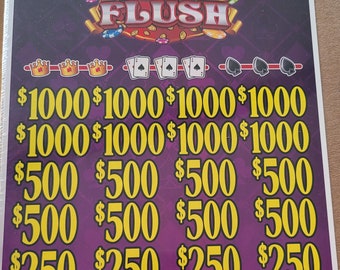 May include: A purple and yellow lottery ticket with the words "Royal Flush" and a crown. The ticket has a £5 price and shows various amounts of money that can be won, including £1000, £500, and £250.