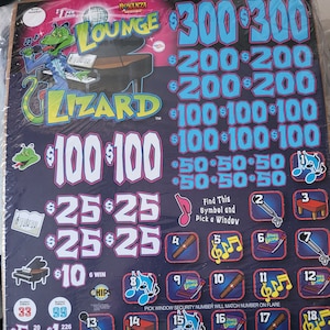 May include: A Lounge Lizard pull-tab game board with a dark blue background. The board features a cartoon lizard playing a piano, various dollar amounts in blue text, and eighteen numbered windows with icons like cigars, microphones, and musical notes.