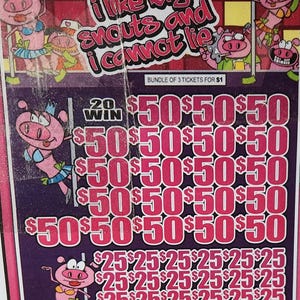 May include: A scratch-off lottery ticket with cartoon pigs and the phrase "I like big snouts and I cannot lie." The ticket features rows of potential winnings of $50 and $25, with the text "Bundle of 3 tickets for $1."