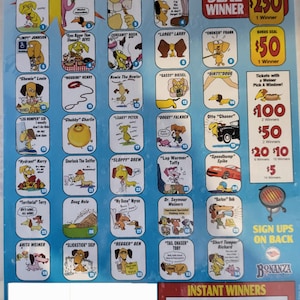May include: A colorful "Weiner Fever" scratch-off game card featuring cartoon dachshunds. The card has various dog character illustrations, prize amounts, and the Bonanza logo. The card is rectangular.
